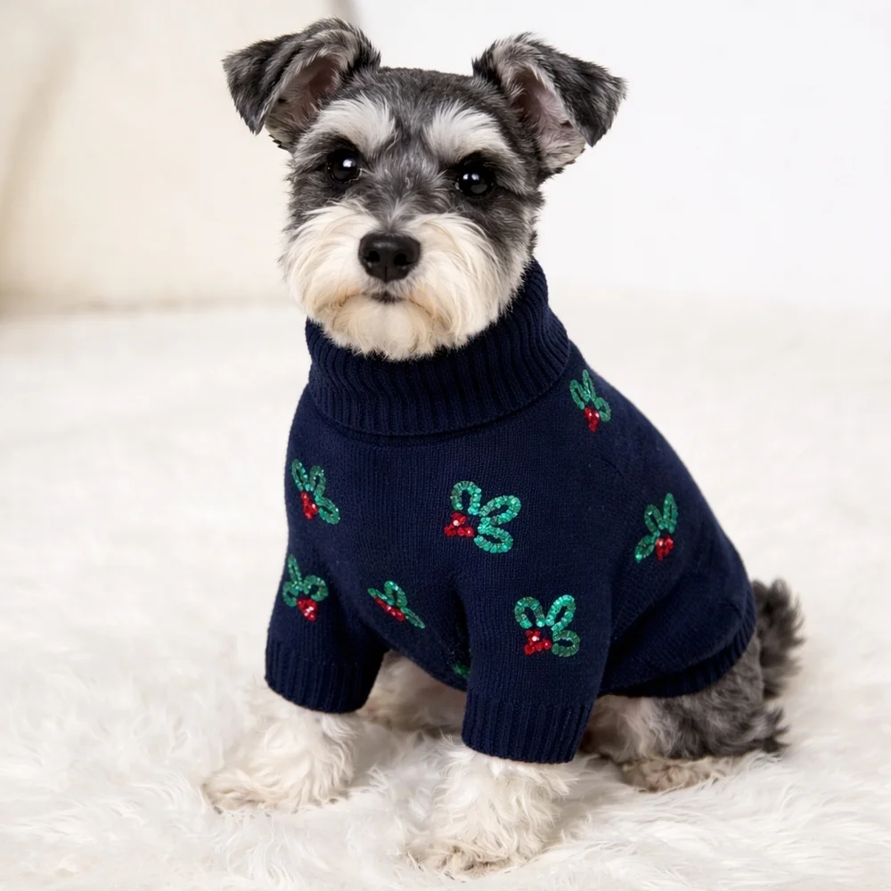 Navy Blue Christmas Pet Dog Sweater with Green & Red Holly Large New with Tags